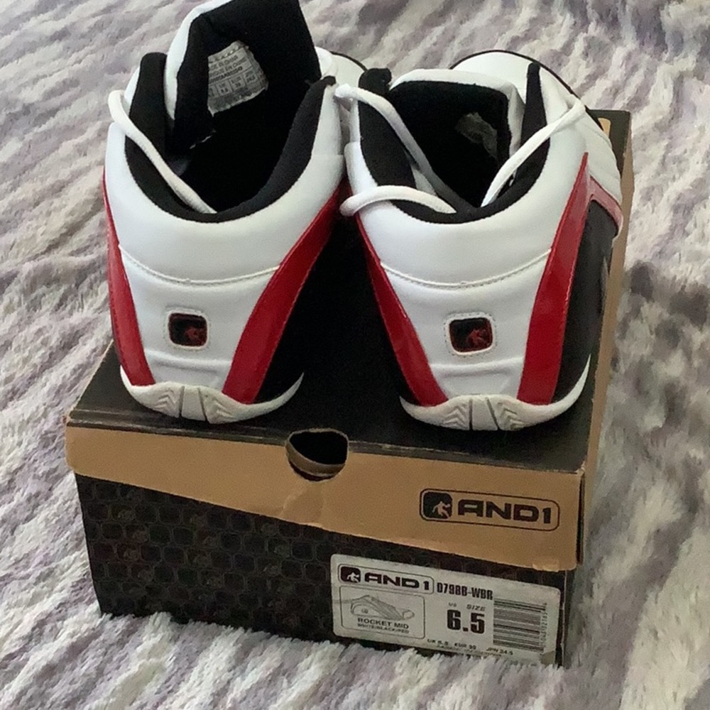 Tennis shoes, ANDI , size 6.5 boys or girls. White, red and black